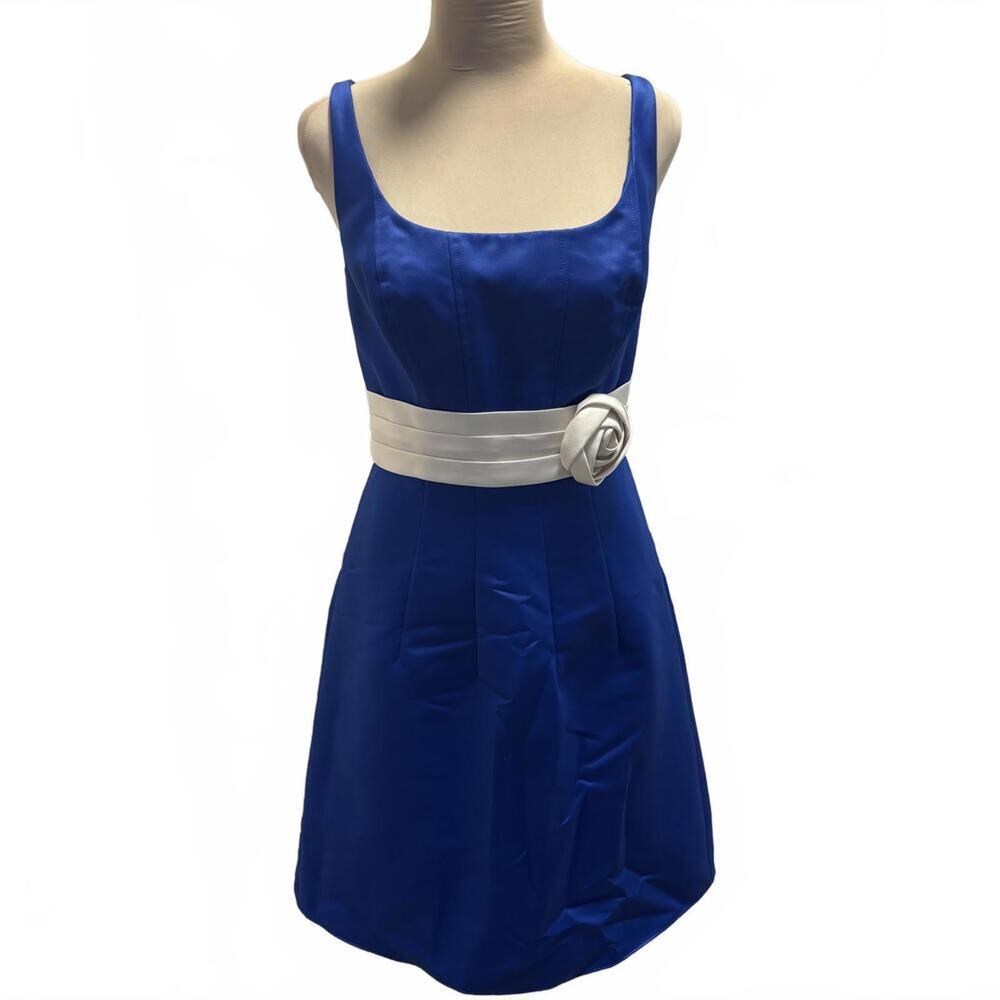 NWT Eden Blue & White Satin Scoop Neck Dress w/ Rosette Pleated Bridesmaid